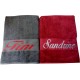 DUO DE DRAPS DE BAIN PERSONNALISES ROUGE/GRIS
