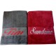 DUO DE DRAPS DE BAIN PERSONNALISES ROUGE/GRIS